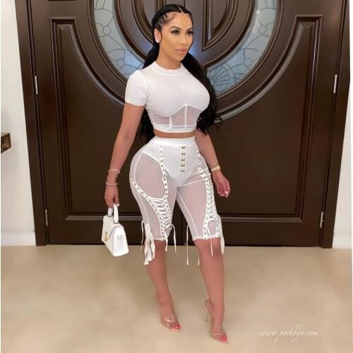 Echoine Women Mesh See Though Grommet Bandage Lace Up Sexy Club Party Bodycon Knee Lenght Jogger Short Pants Female Pantacourt