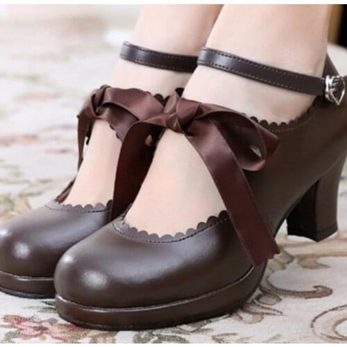 Sweet princess daily japanese high heel 6cm vintage lace bowknot bandage kawaii shoes cosplay loli women shoes Lolita cos