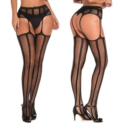 Plus Size Women Sexy Lingerie Stockings Garter Belt Stripe Elastic Stockings Black Fishnet Stocking Thigh Sheer Tights Pantyhose