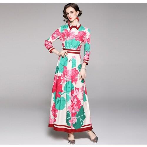 2021 Europe fashion women Print Dress Women Single-Breasted long Sleeve turn down collar Slim casual Dress