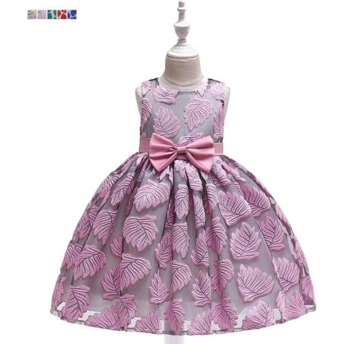 2021 New Childrens Dress Mesh Leaf Embroidered Princess Dress Cotton Wedding Dress Girl Bow Dress