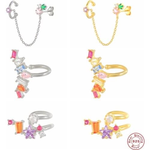 BOAKO 925 Sterling Silver Rainbow Crystal Mosaic Double Circle Ear Cuffs Women Colored Zircon Chain Clip Earrings Party Jewelry