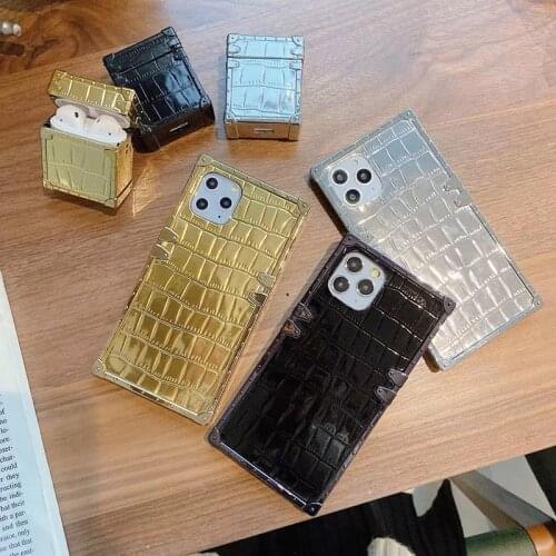 Luxury Brand 3D Laser Glitter crocodile Leather texture Square phone case for iphone 7 8 X XS XR MAX 10 11 Pro Plus bling cover