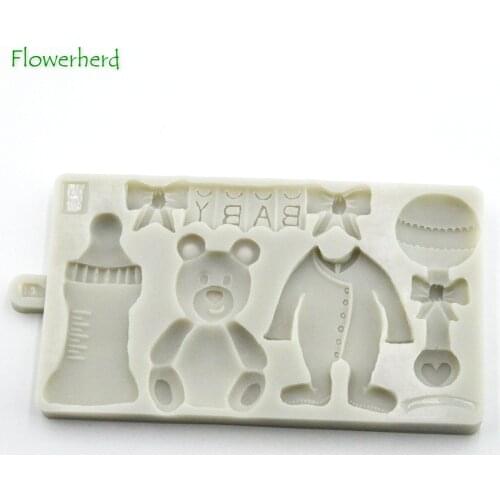 Baby Cookie Mould Christmas Fondant Cake Decorating Tools Teddy Baby Grow Rattle Bottle and Bunting Sugarpaste Silicone Mold