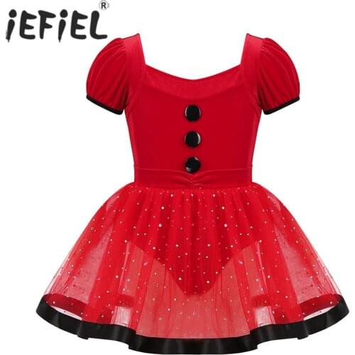 Kids Girls Christmas Dance Costumes Puff Sleeves Figure Skating Dress Baton Twirling Sequined Ballerina Gymnastics Leotard Dress