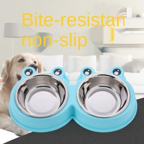 Pet Frog Double Bowl Stainless Steel Dog Bowl Cartoon Frog Cat and Dog Food Bowl Fashion Two-in-one Pet Double Bowl