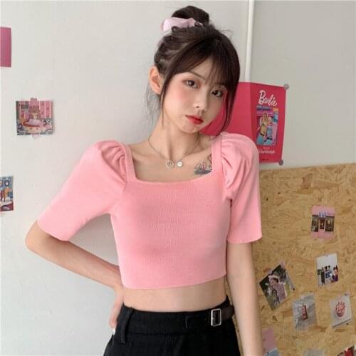 T-shirt Women Short Sleeve Summer Square Collar Crop Top Puff Sleeves Sexy Solid Knitted Tshirts Fashion Slim Casual Harajuku