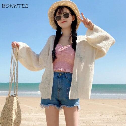 Cardigan Women Summer Loose Solid Sweet Prairie-chic Leisure Knitting Ladies All-match Sun-proof Flare-sleeve Harajuku Vintage