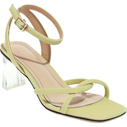 QPLYXCO Leather Gladiator Sandals Elegant Women 2021 Pumps High Heels Peep Toe Chunky Heels Party Wedding Shoes Size 32-43 3808