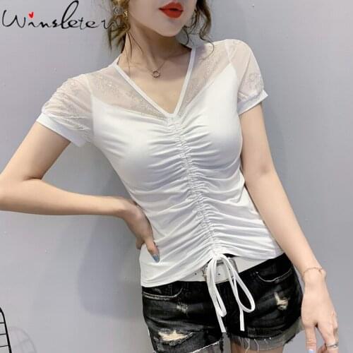 Summer Korean Clothes Cotton T-Shirt Sexy Fashion V-Neck Diamonds Drape Lace Up Women Tops Slim All Match Tees New 2021 T13801A
