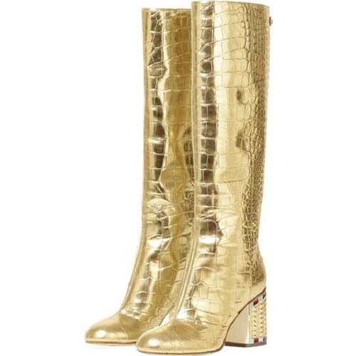 New Whiter Long Boots Women Gold Genuine Leather Fashion Diamond Heel Knee-high Boots Snakeskin Square Heel Riding Botas Shoes