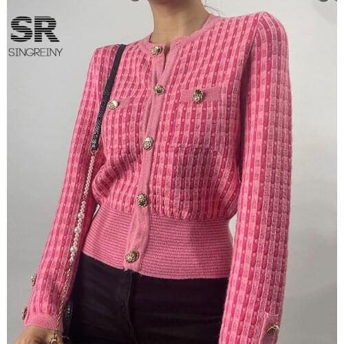SINGREINY Autumn Women Knitted Sweater Outerwear Vintage Pearl Button Long Sleeves Knit Tops Fashion Korean Knitted Cardigans