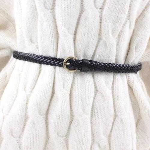 New women leather knitted braided belt waist weaving rop retro pin buckle strap for dresses casual luxury black brown white