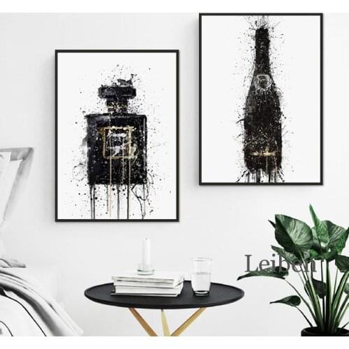Nordic Fashion Black Perfume Bottle Champagne Bottle Posters Abstract Wall Art Posters Modern Home Decor Girls Bedroom Frameless