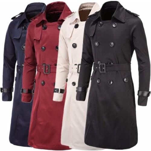 European Classic Full length Male Trenchcoat Jacket Extra Long Black Trench Coat Men Double Breasted Belted Beige Burgundy Navy
