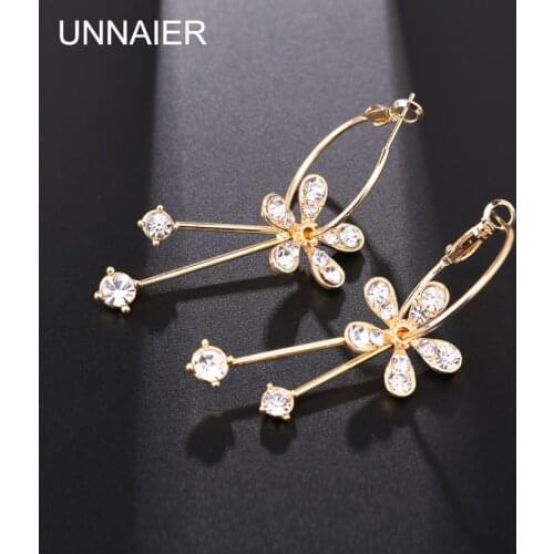 UNNAIER fashion personality Big circle Golden camellia earring Female Rhinestone Ear jewelry