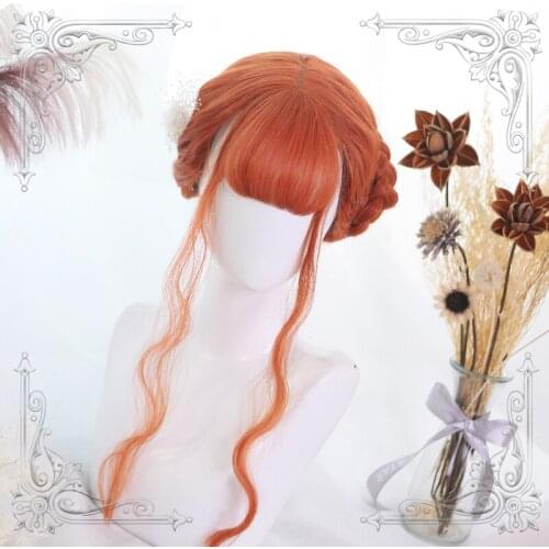 High Quality Soft Girl Lolita Bright Orange Long Curly Hair Egg Roll Air Bangs Wig