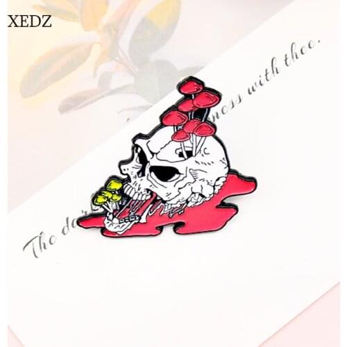 XEDZ 2021 New Cartoon Scarlet Deadly Mushroom Skeleton Enamel Pendant Halloween Horror Blood Head Badge Jewelry Gift