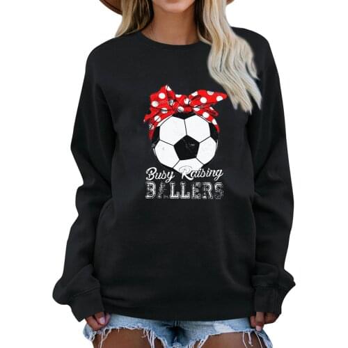 Busy Raising Ballers Sweatshirt Soccer Mom Sweats Red bow football Graphic women fashion Casual pollovers christmas gift Tops