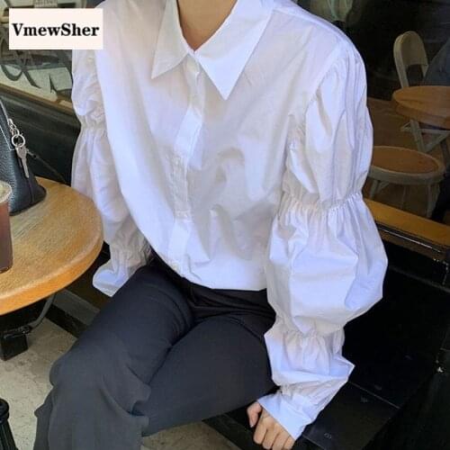VmewSher New Vintage Spring Women Shirts Long Puff Sleeve Turn Down Collar Summer White Blouse Single Breasted Plain Shirt Tops