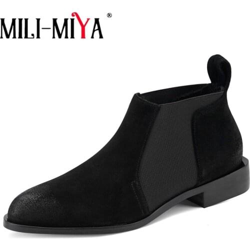 MILI-MIYA Women Chunky Heels Chelsea Ankle Boots 2021 Newest Cow Suede Fashion Pointed Toe Office Lady Casual Shoes Black Brown