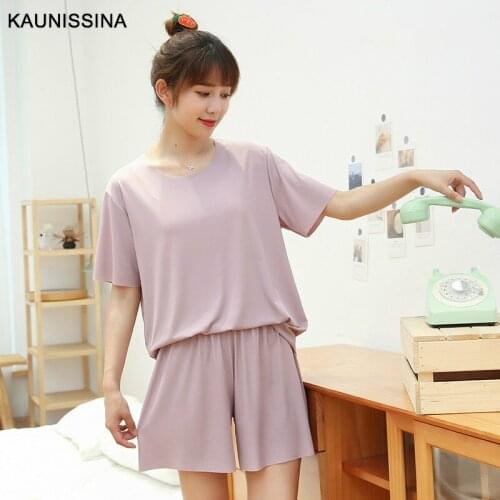 Women Summer Pajamas Set Ice Silk Homewear O-Neck Short Sleeve Nightshirt And Shorts Pajama Set Loose Home Suit Loungewear