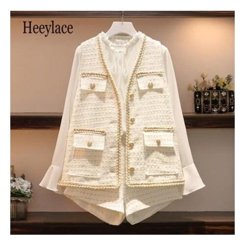 Plus size 5XL women sets office ladies white long sleeve blouse+vest+shorts 3 pieces set korean elegant england women autumn set