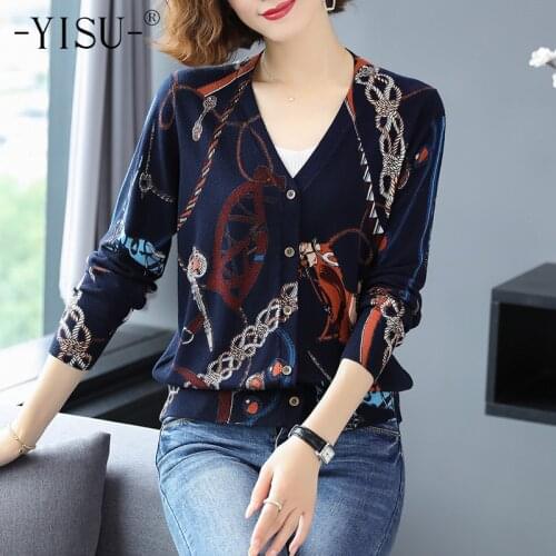 YISU Womens Knit cardigan Long Sleeve V-neck Printed cardigan Autumn Winter Soft Knitted coat Horse chain print Sweater cardigan