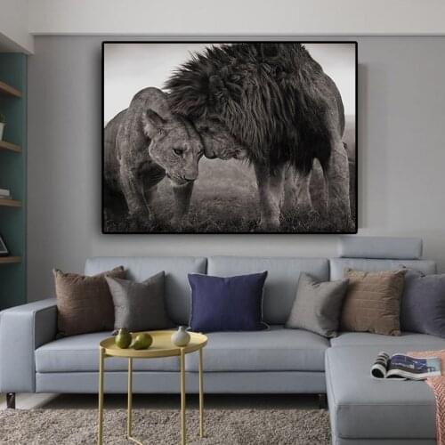 120x180cm with yellow border Lions Black and White Canvas Art Painting Posters and Prints Wall Art Picture for Living Room