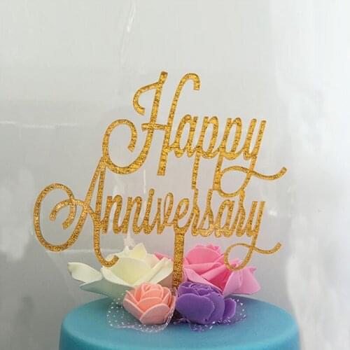 Happy Anniversary Acrylic Cake Topper New Glitter Gold Cupake Topper For Wedding Lover Sweet Anniversary Party Cake Decorations