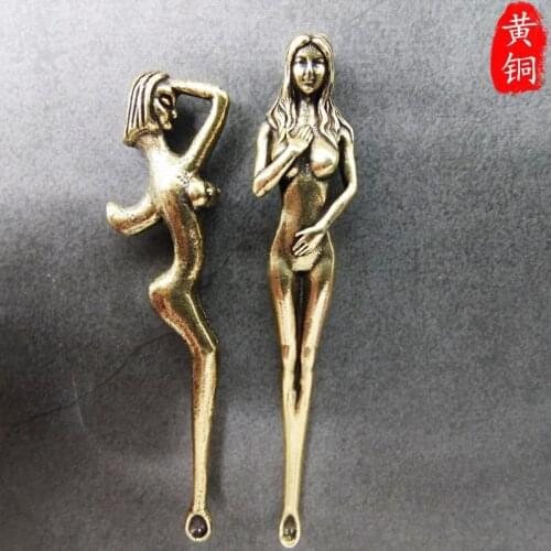 Antique Solid Brass Sex goddess Ear spoon Figurines Retro Copper Animal Tea Pet Desktop Ornament Decor Crafts Keychain Pendants