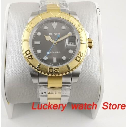 40mm bliger mens watch gray dial luminous mark date sapphire glass golden Bezel miyota Automatic movement BA220
