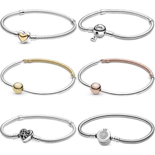 Three-link Crown O Domed Golden Freehand Family Tree Heart Clasp 925 Silver Bracelet Fit Europe Bangle Bead Charm Diy Jewelry
