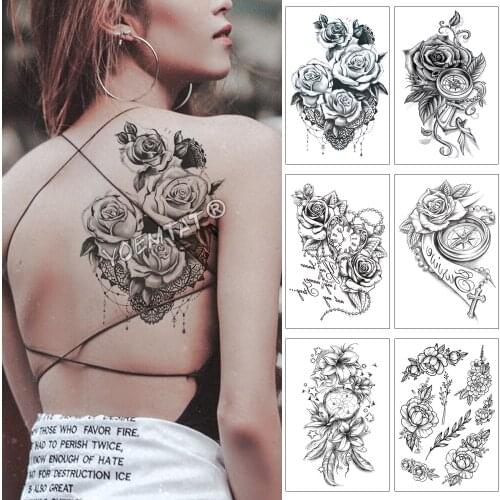 Heart shaped Clock Jewel Rose Waterproof Temporary Tattoo Sticker Black Arm Back Flowers Big Tatto Body Art Fake Tatoo For Women