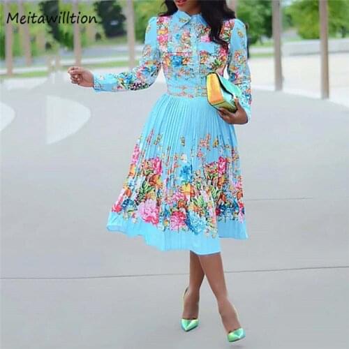 Elegant Office Lady Workwear Midi Dresses 2020 Casual Long Sleeve A-Line Dress Vintage Floral Print Pleated Dress Vestidos