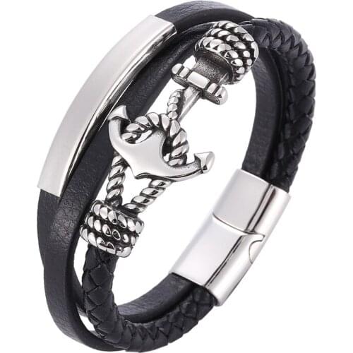 New Black Multilayer Leather Bracelet Men Stainless Steel Anchor Magnetic Clasp Braided Leather Bangles Punk Rock Jewelry PD1087