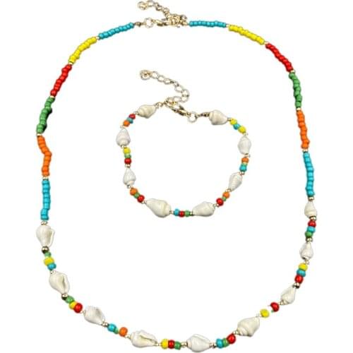 Beaded Shell Necklace and Bracelet Set Suitable for Ladies Girls Handmade Colored Seed Beaded Necklaces Bohemia Necklace