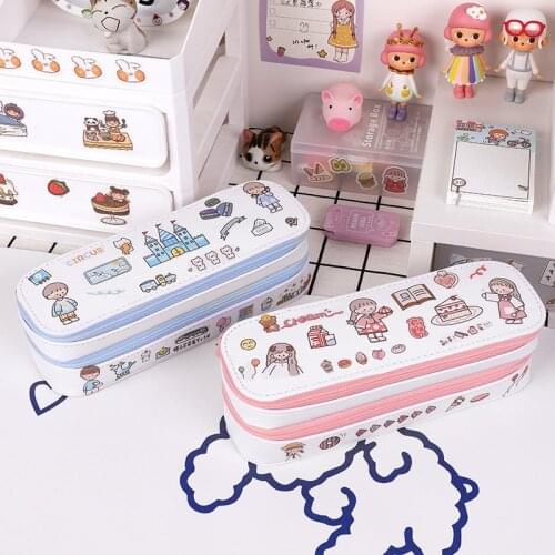 Cartoon Girl Double-layer Pencil Case Large Capacity Kawaii Cat Canvas Pencil Bag Student Korean Stationery