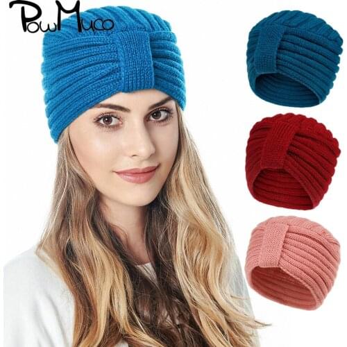 Powmuco 25*18 CM Knitting Stripe Women Hats Winter Solid Color Wool Crochet Weave Caps Boho Knotted Warm Turban Hair Accessories