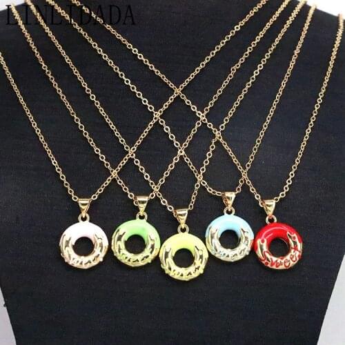 10Pcs Gold Plated Necklace Cute Colorful Enamel Jewelry Donut Charm Pendant Necklace