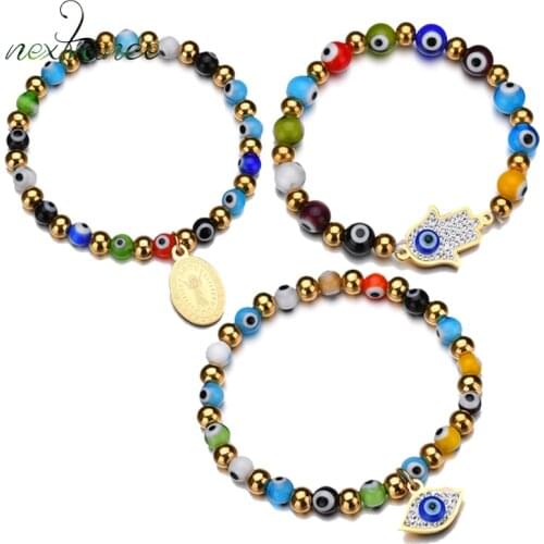 Nextvance Rhinestone Blue Turkish Eye Stretch Bracelet Lucky Karma Evil Eye Protection Rosary Bracelet for Unisex Ethnic Gift