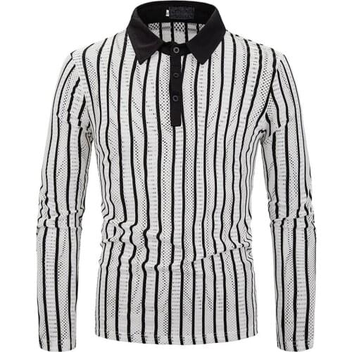 Covrlge Men Poloshirts Vertical Stripe Hollow Casual Mens Fashion Design Shirt Lapel Long Sleeves Casual Mens Poloshirt MTP149