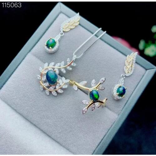 The best gift for engagement Natural Real Black Opal Set Natural And Real 925 sterling silver 1pc Ring,1pc Pendant,2pcs Earring