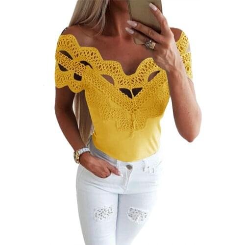 Sexy Women Off Shoulder Solid Color Short Sleeve Lace Hollow Out T-Shirt Top 2020 New Fashtion Plus size Womens wear