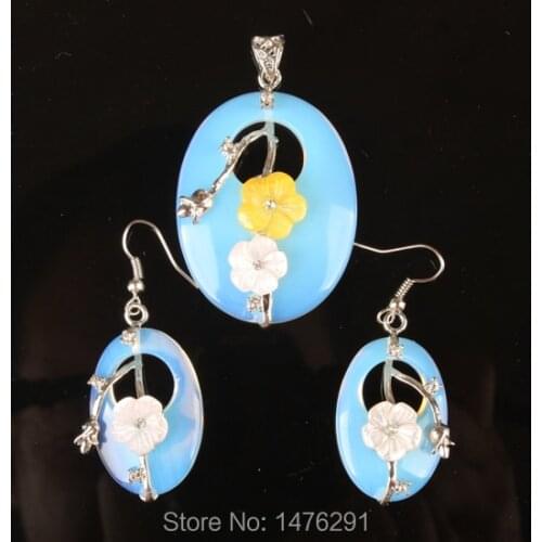 Carnelian Oval Opal Shell Flower Bead Pendant & Earring 1 Set