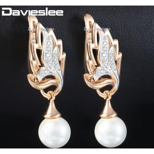 Davieslee Leaf Pearl Dangle Earrings for Women Paved Clear Cubic Zirconia 585 Rose Gold Filled DGE114