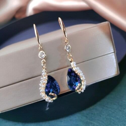 Peacock Earrings Blue Crystal Water Drop Earrings Wedding Pierced Dangle Earring Woman Fashion Jewelry Accessories