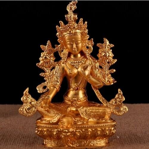 Tibetan Buddhist Supplies High Grade Nepal Craft 6 Inches Gilt Green Tara Figure of Buddha Save Tara Bodhisattva Temple Figurine