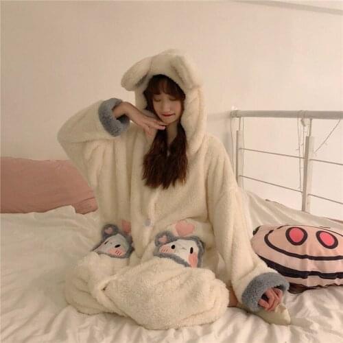 Sleepwear for Women Autumn and Winter Thicken Pajamas Cute Plush Nightgown Sweet Bear Home Service Suit Outer Wear Warm Robes