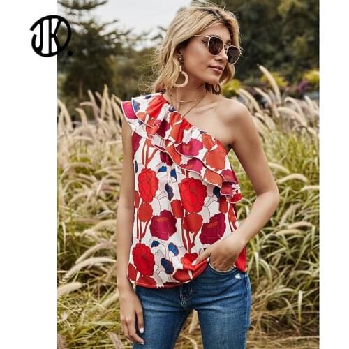 Female Sexy One Shoulder Cropped Tops Flowers Print T-shirts For Women Fashion Spring Backless Tube Tees New Arrivals Pullovers